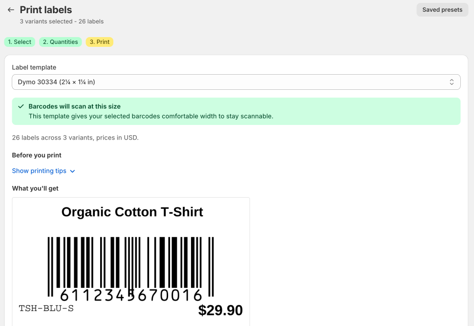 LabelCraft's print step: a Dymo 30334 template, a banner confirming the barcodes will scan at this size, and a pixel-accurate label preview, 26 labels across 3 variants
